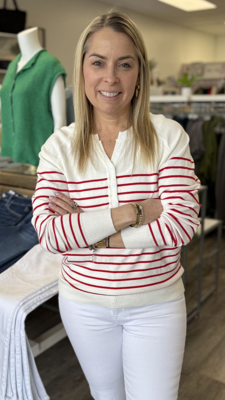 Red And White Henley Pullover Sweater