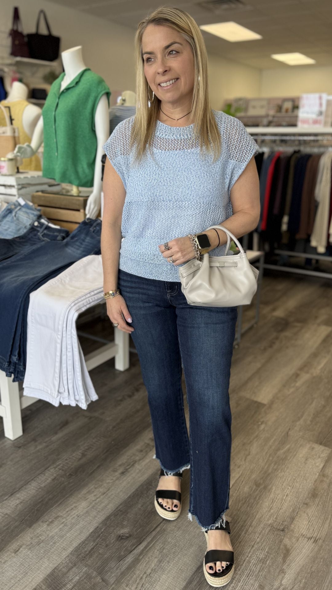 Blue Open Knit Short Sleeve Lurex Top