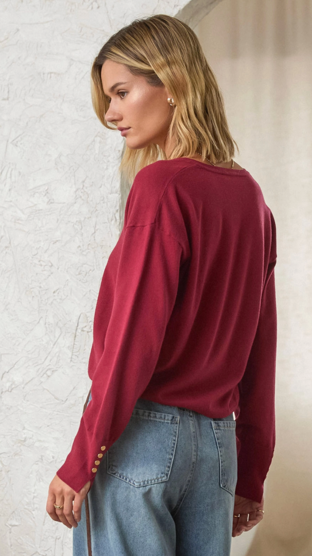 Burgundy V Neck Buttoned Sleeve Sweater
