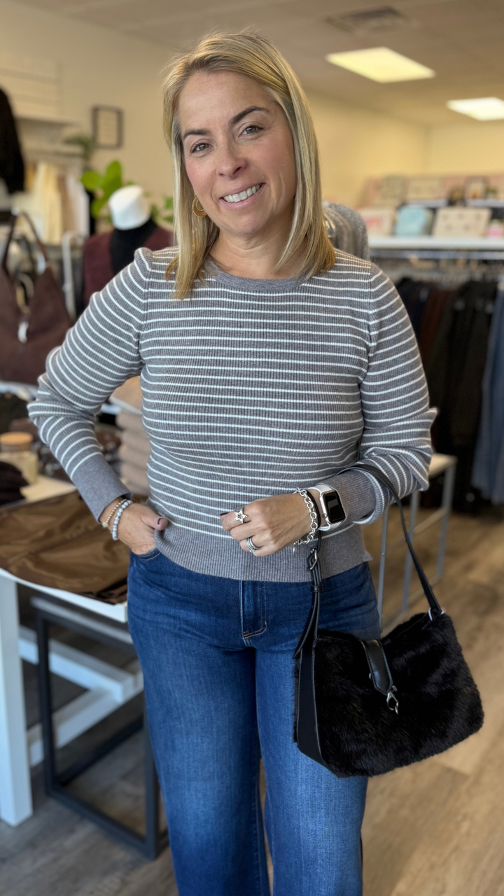 Heathery Grey Striped Knit Sweater