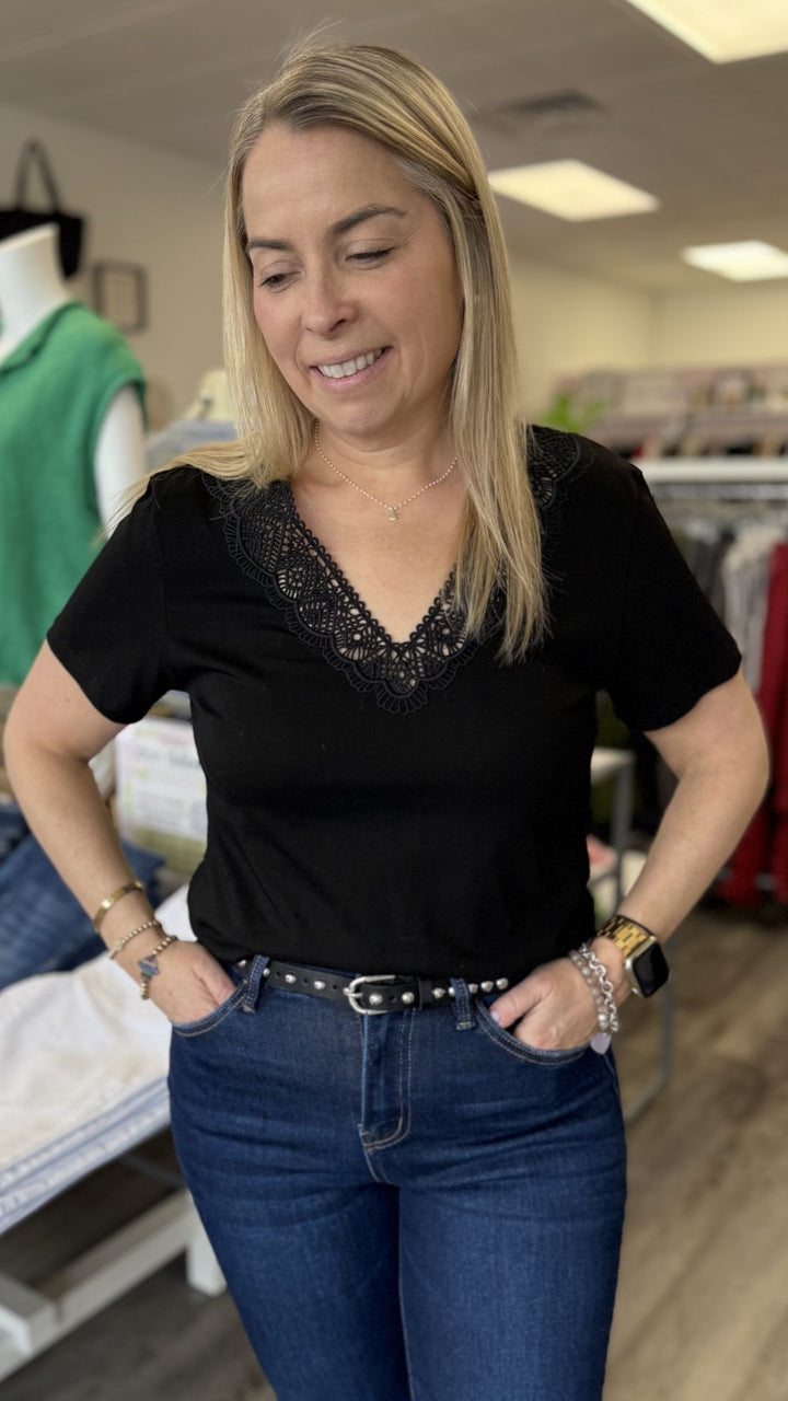 Black Lace V Neck Tee