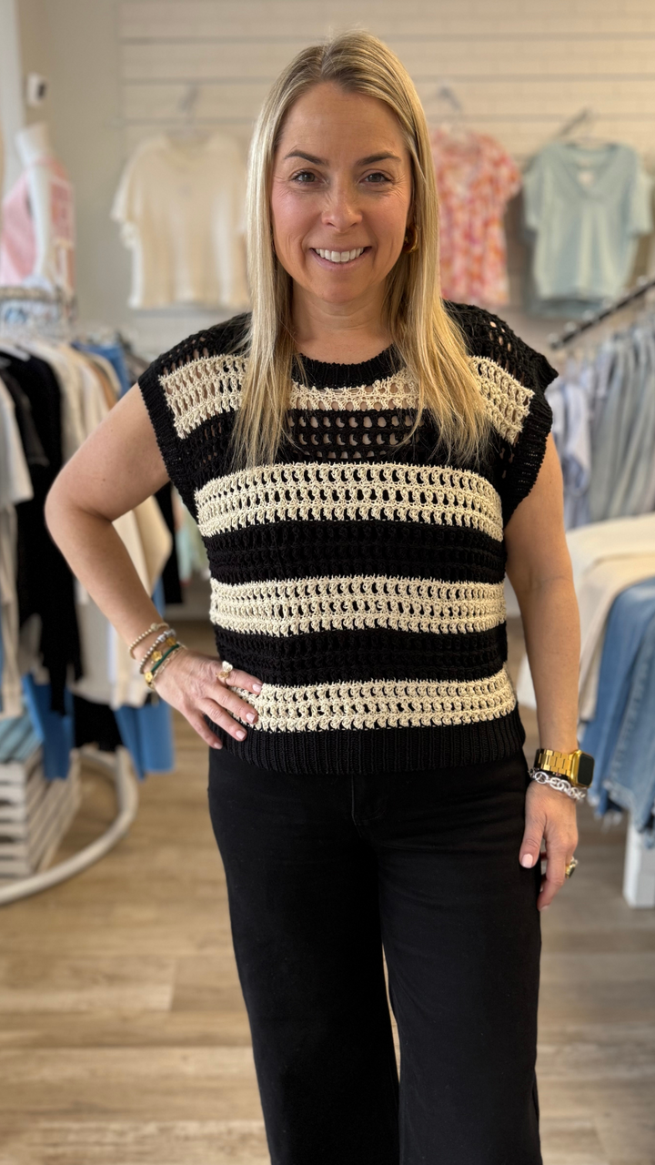 Black Bisque Knit Sweater Striped Top