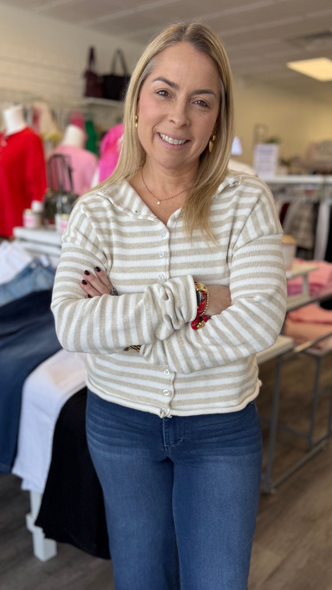 Oatmeal And White Striped Collar Knit Cardigan Sweater
