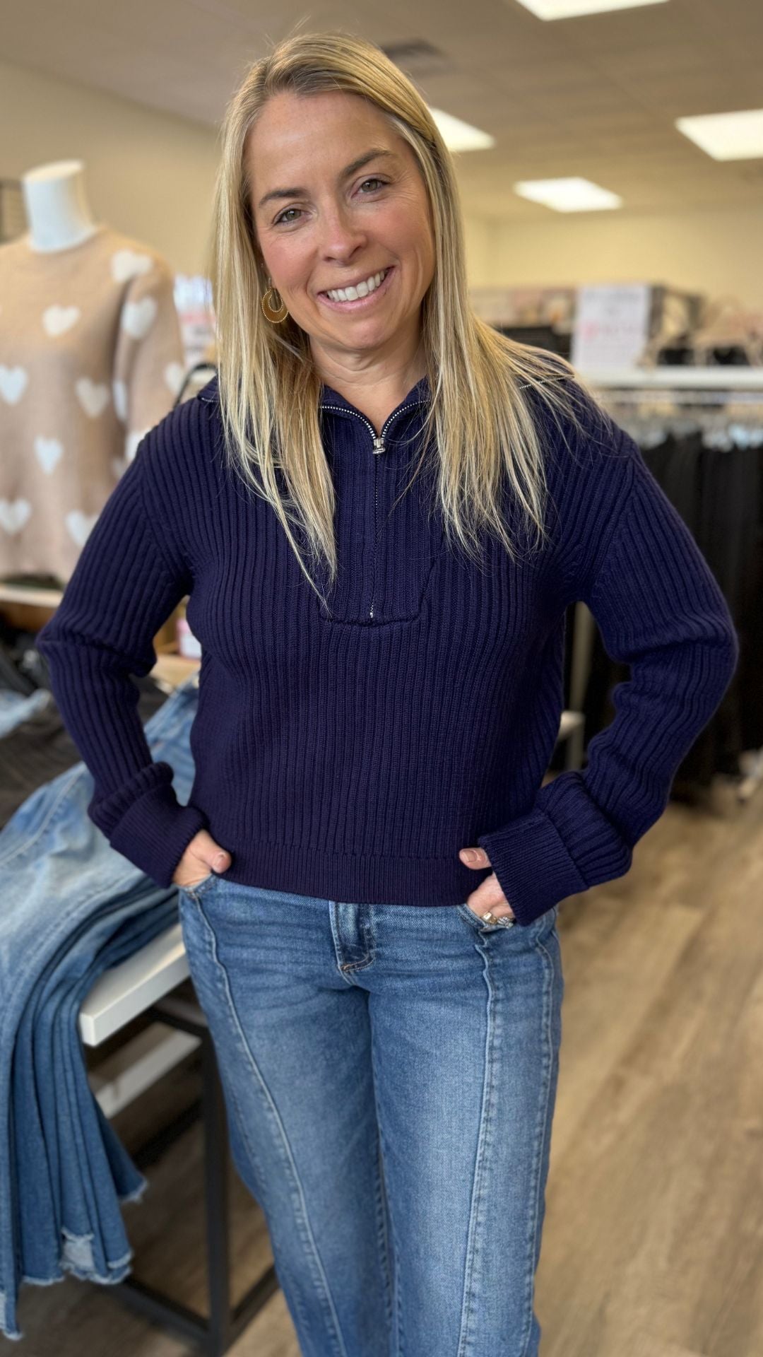 Navy Half Way Zipper Knit Sweater