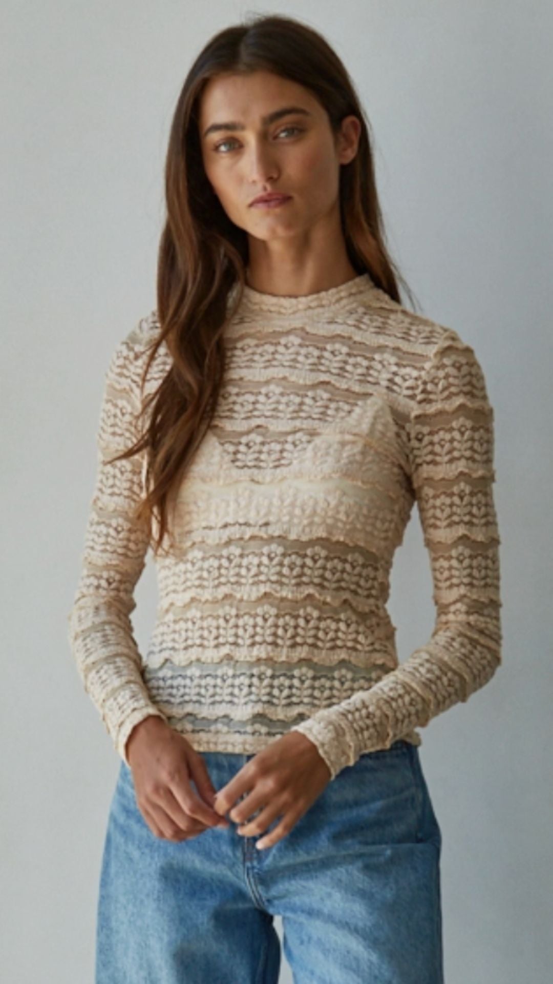 Beige Woven Lace See Through Mock Top