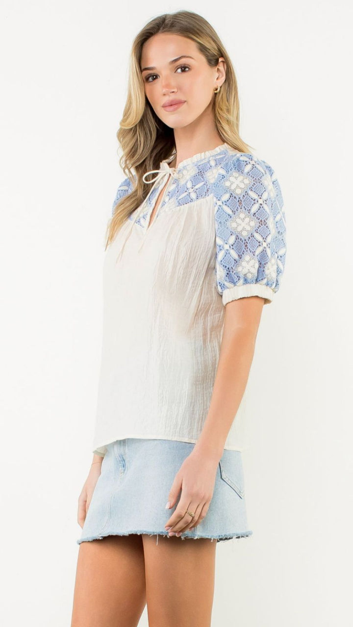 Embroidered Yoke Puff Sleeve Crinkle Top