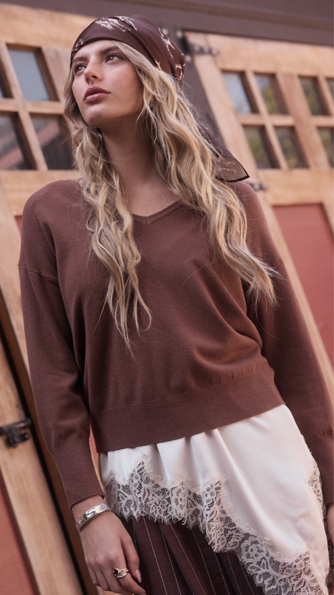 Brown V Neck Buttoned Sleeve Sweater