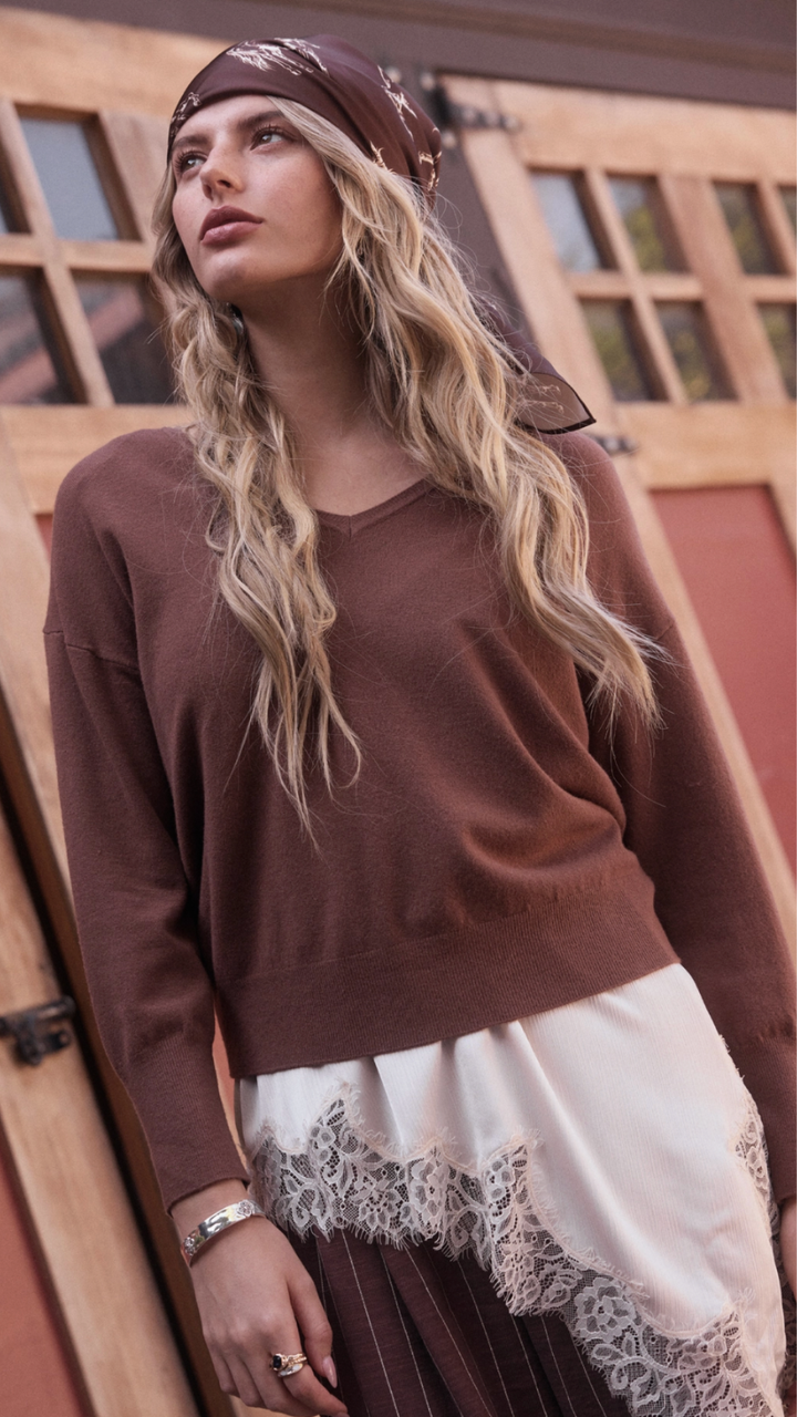 Brown V Neck Buttoned Sleeve Sweater
