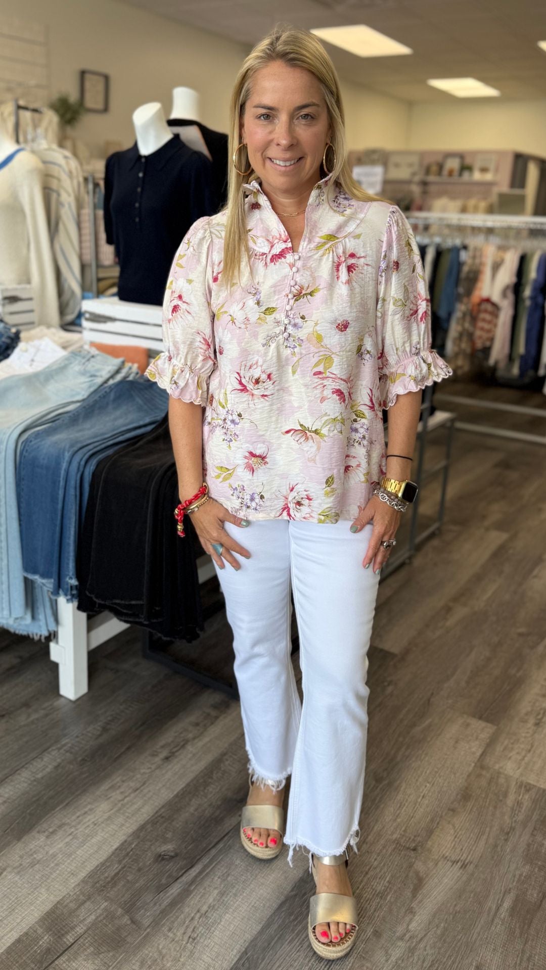 Ruffle Stand Collar Floral Blouse