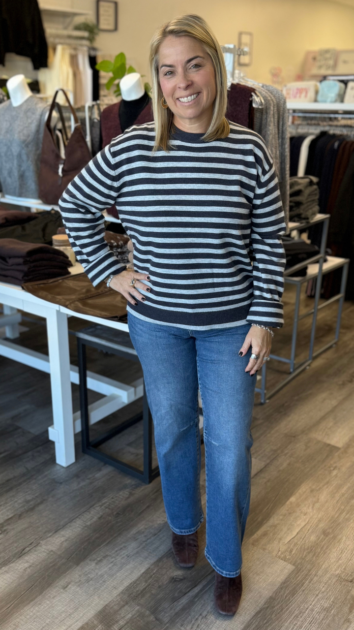Navy And Heather Grey Oversized Striped Boyfriend Sweater