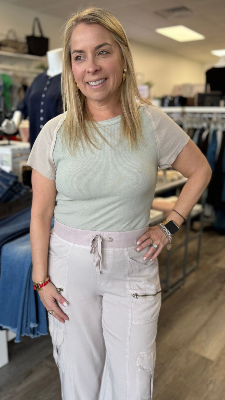 Sage and Cream Contrast Knit Tee