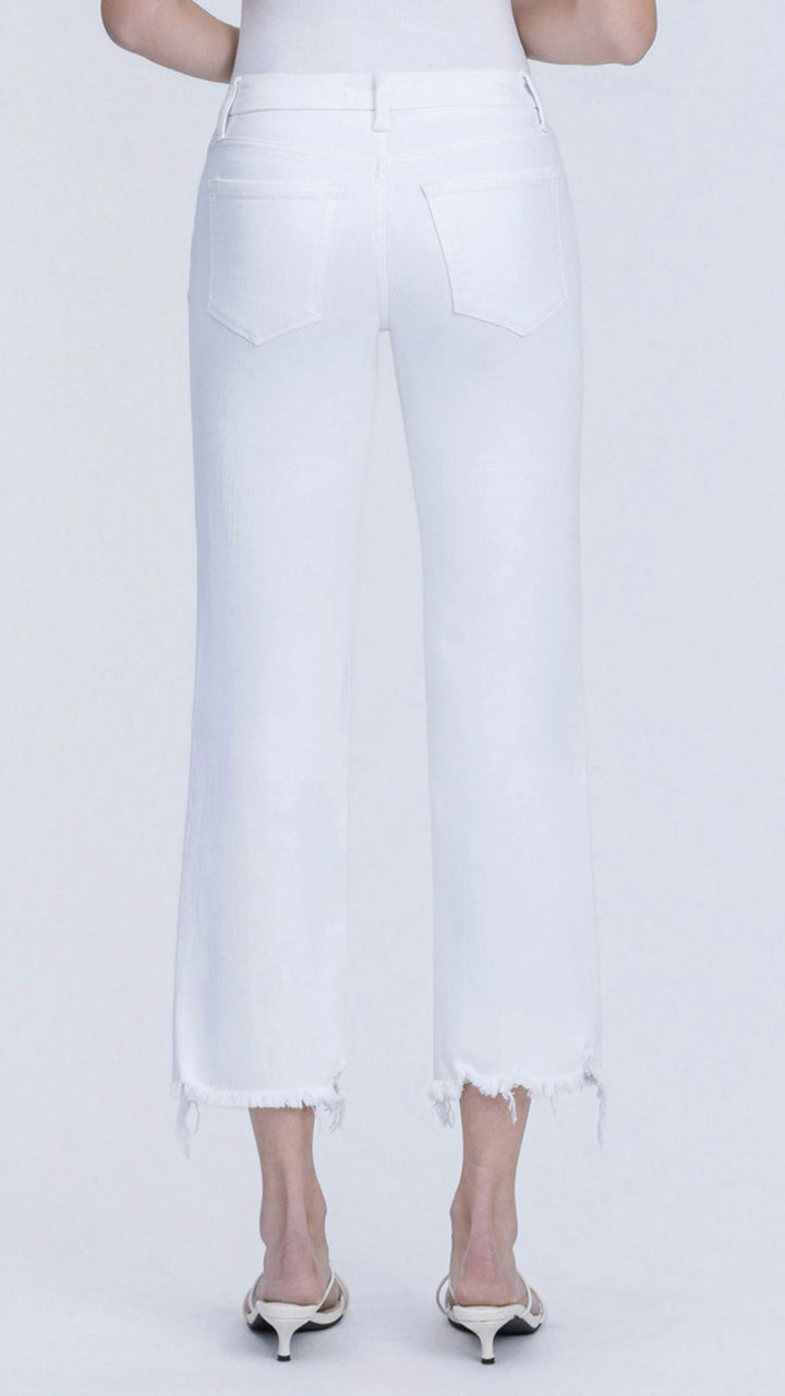Mid Rise White Uneven Frayed Hem Cropped Straight Jeans