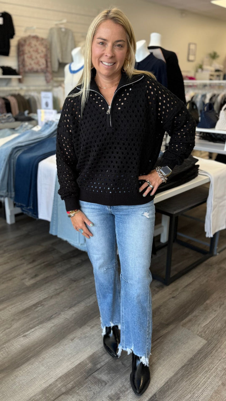 Black Half Zip Open Knit Sweater