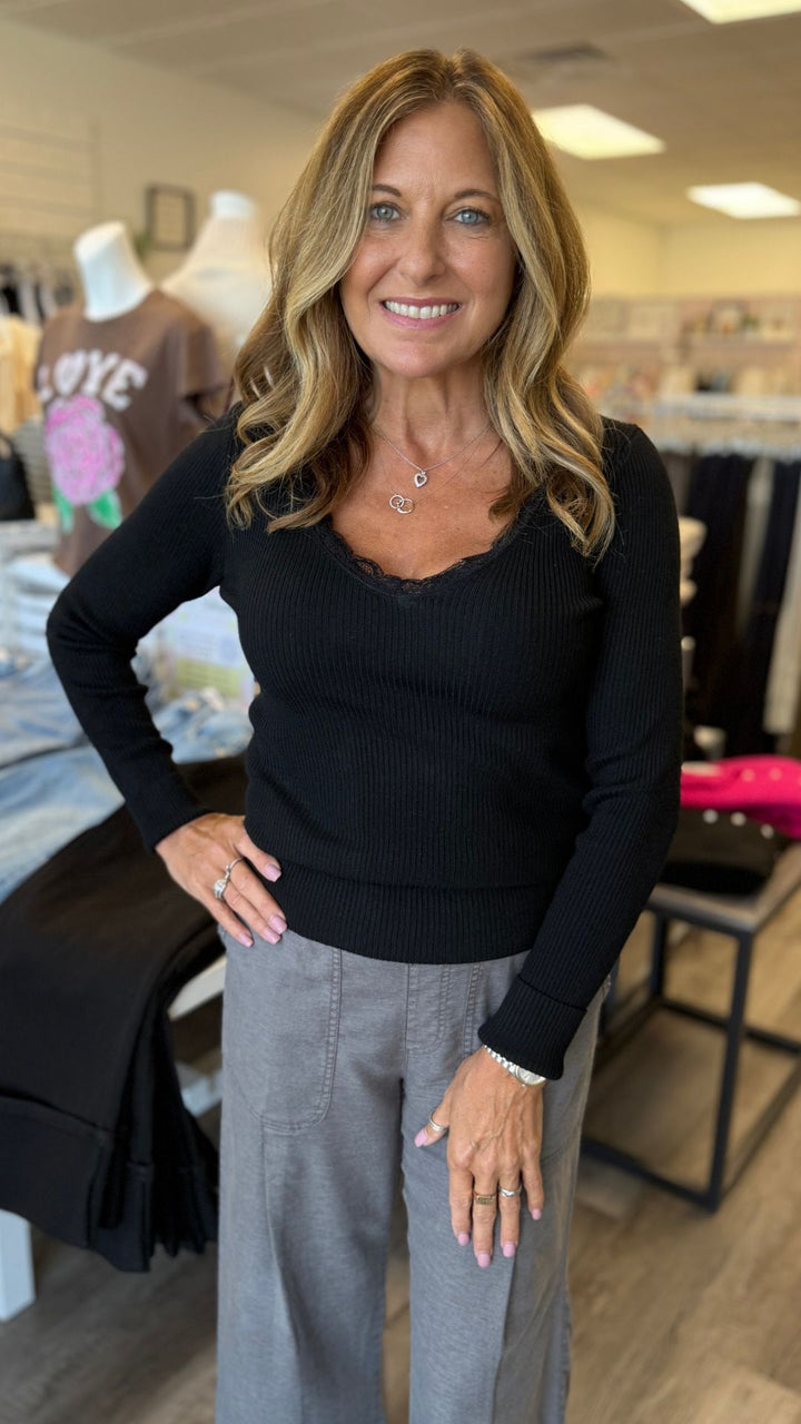 Black Lace Trim Detail Sweater