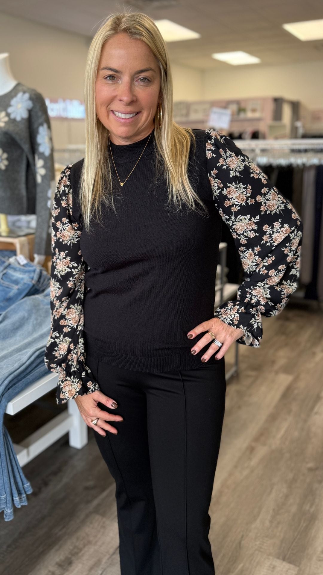 Black Floral Sleeve Detail Top