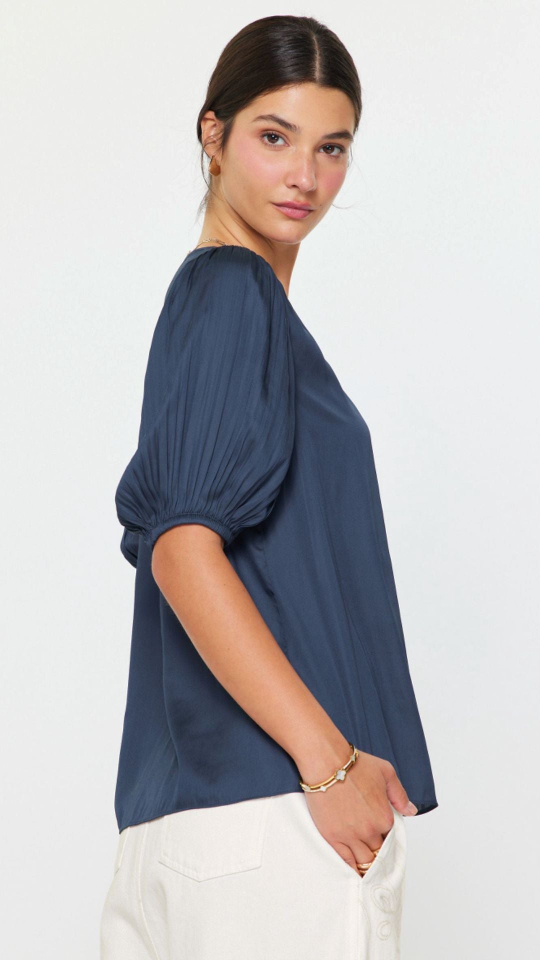 Slate Navy Pleated Puff Short Sleeve Blouse