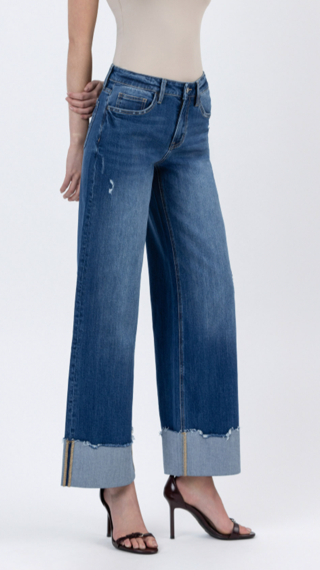 High Rise Dark Wash Cuffed Baggy Wide Leg Jeans