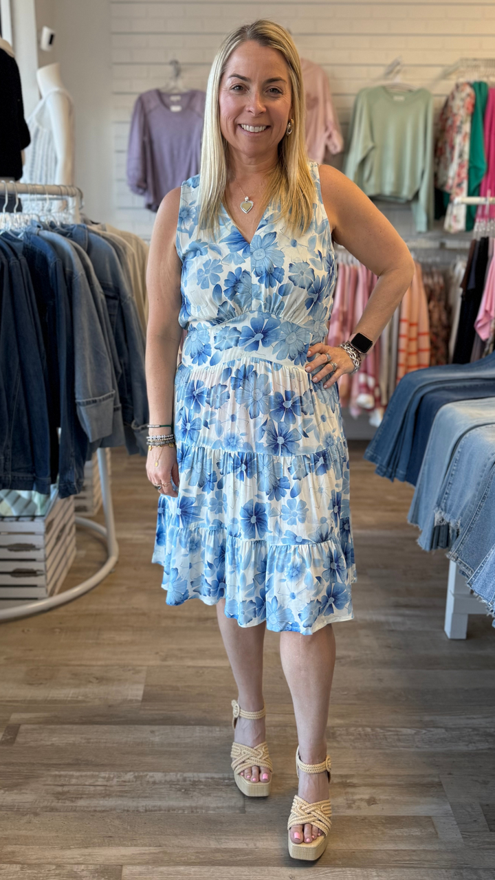 Celestial Printed Sleeveless V Neck Tiered Dress