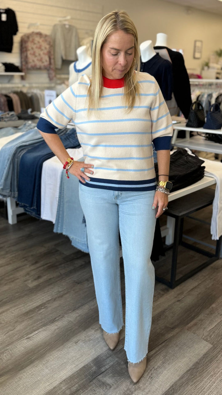 Colorblock Rib Trim Striped Knit Top