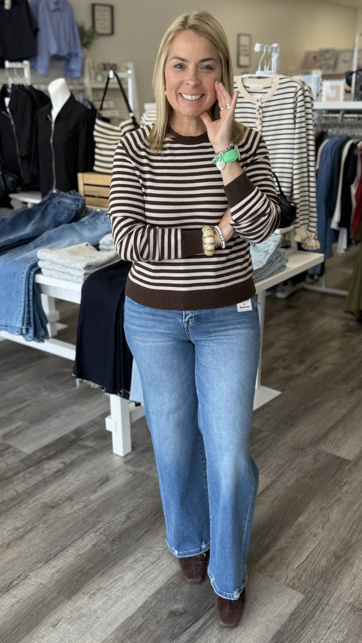 Mocha Striped Round Neck Sweater Top