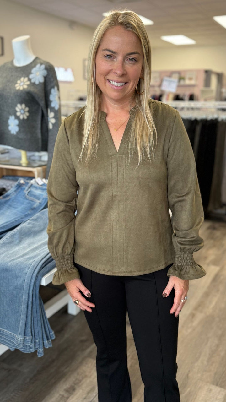 Olive Long Sleeve Suede V Neck Top
