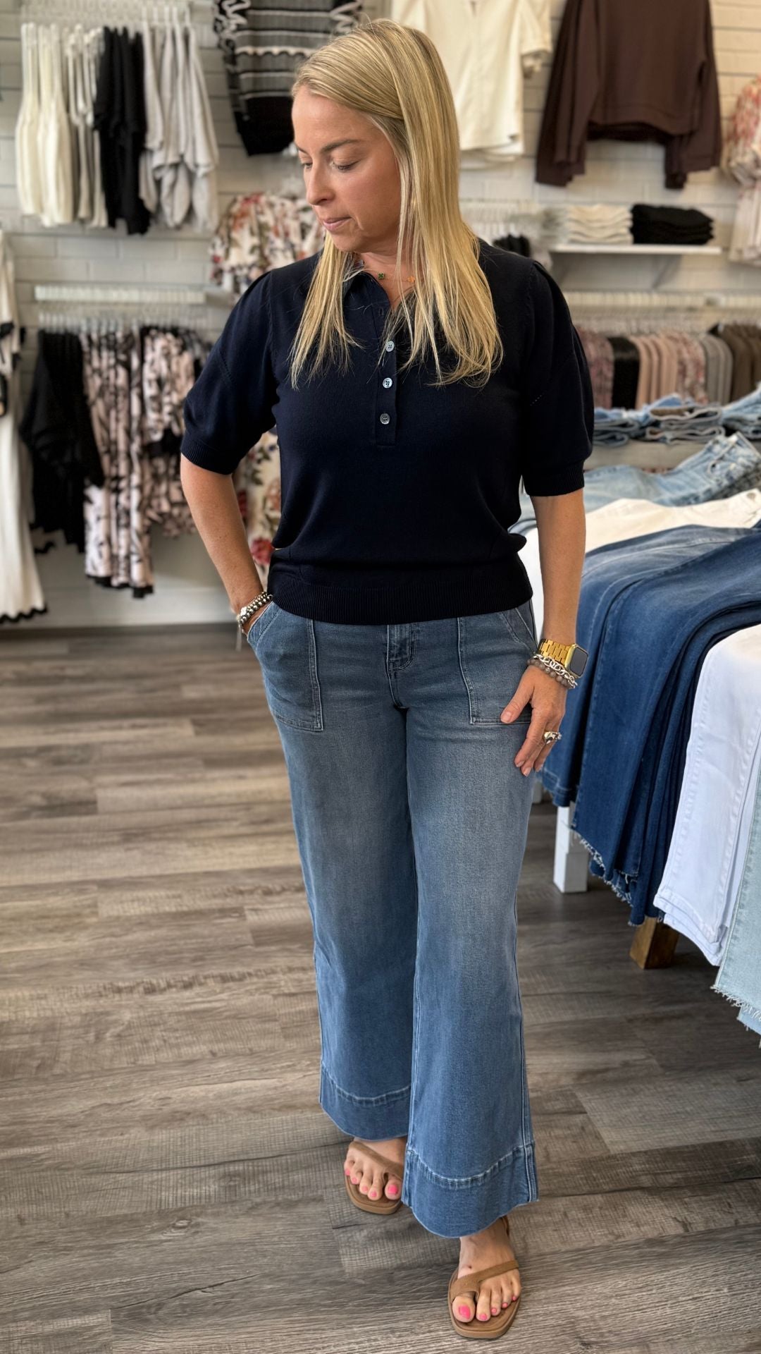 High Rise Elastic Waistband Utility Pocket Wide Leg Jeans