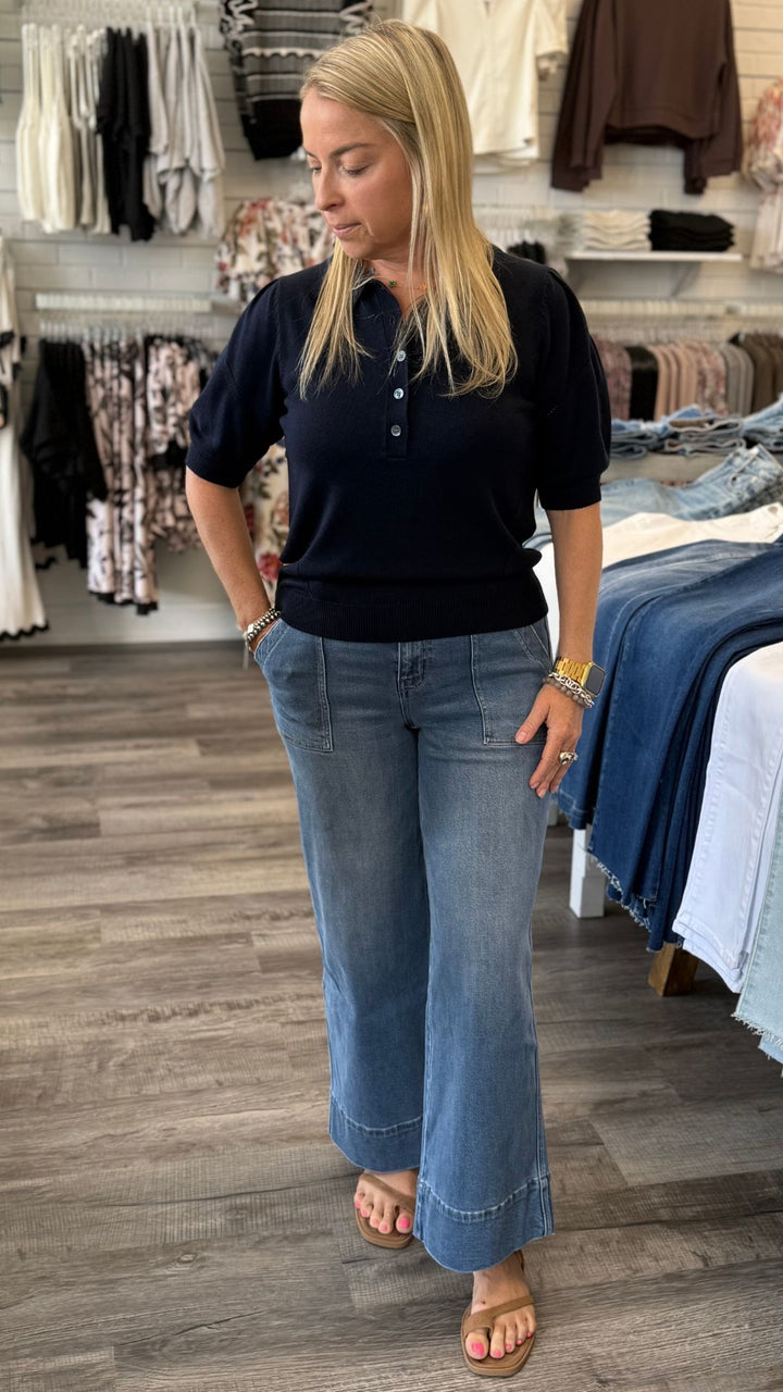 High Rise Elastic Waistband Utility Pocket Wide Leg Jeans