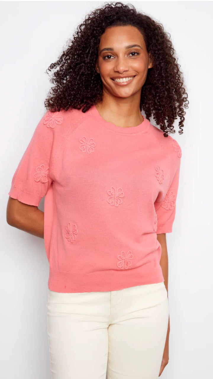 Sorbet Raglan Elbow Sleeve Flower Sweater