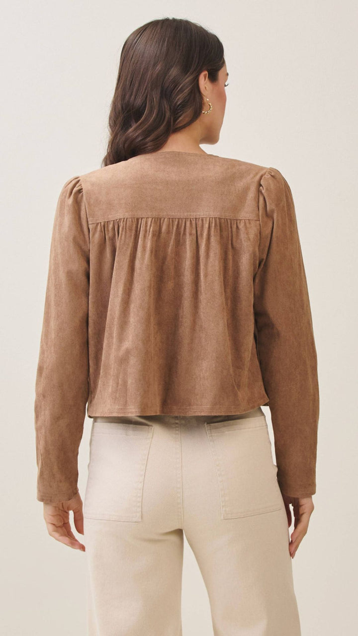 Mocha Shirred Vegan Suede Zip Up Jacket
