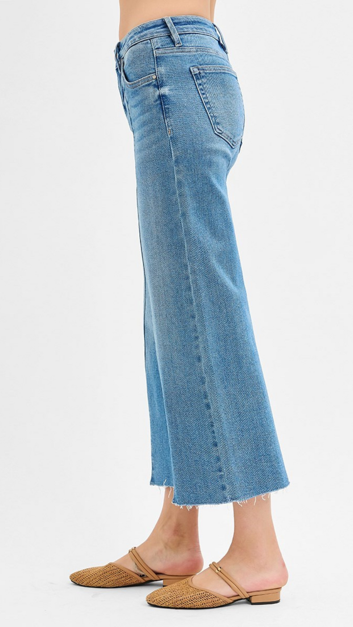 Mid Rise Tummy Control Medium Wash Crop Wide Front Slit Jeans