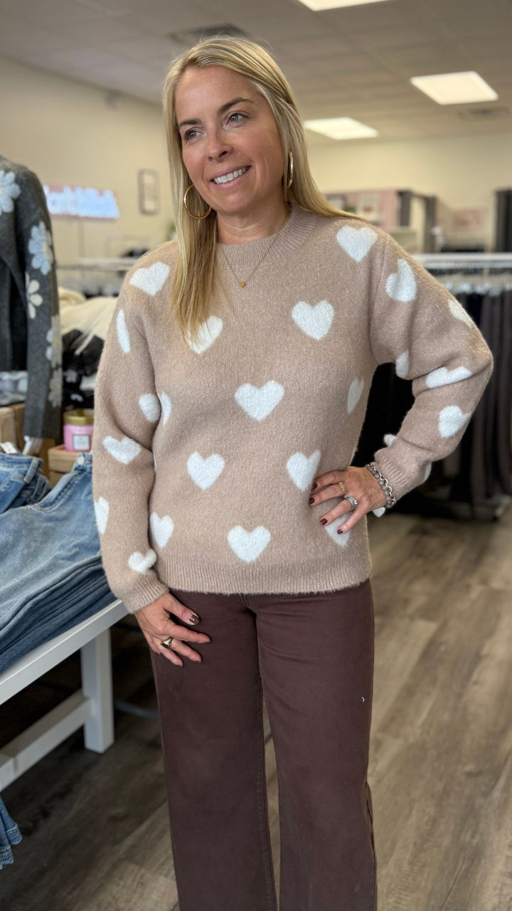Beige Fuzzy Heart Sweater