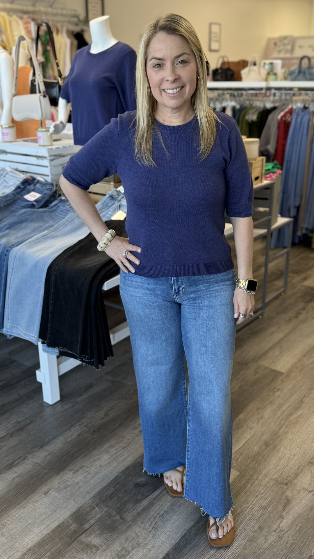 Navy Knit Short Sleeve Sweater