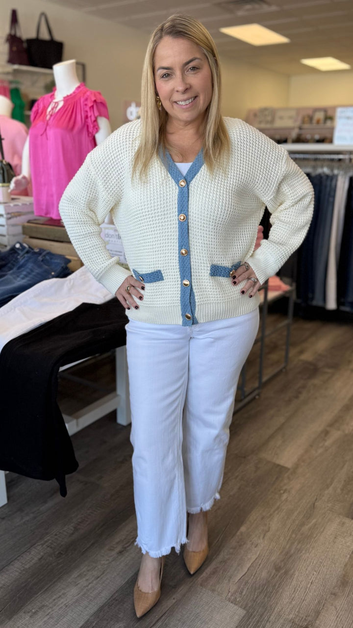 Cream And Denim Contrast Cardigan