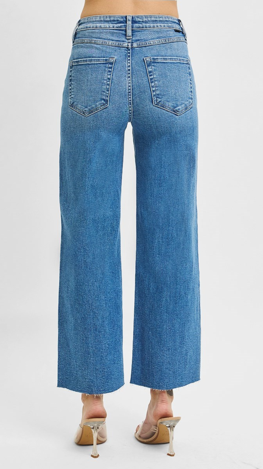 High Rise Medium Wash Tummy Control Crop Wide Leg Jeans