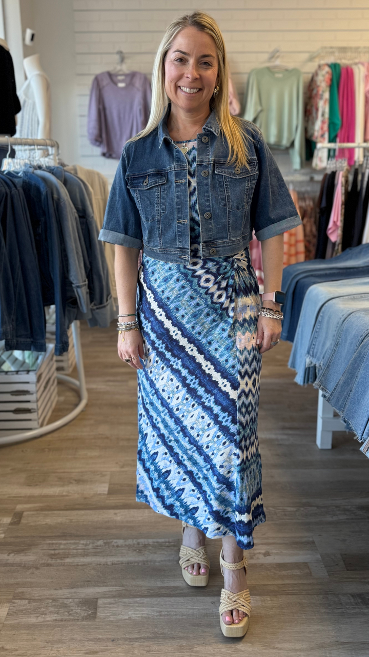 Sleeveless Pattern Dress with Faux Knot Detail