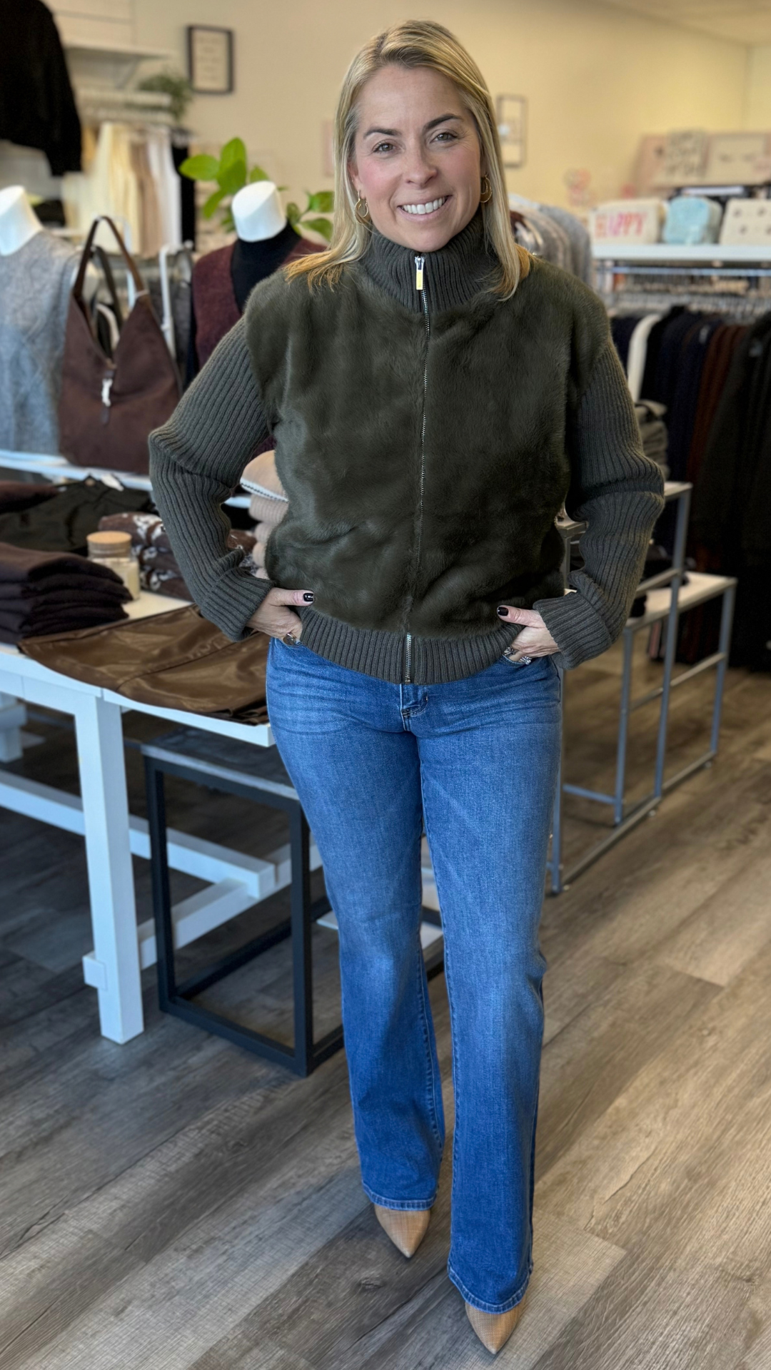 Olive Fur Long Sleeve Funnel Neck Jacket