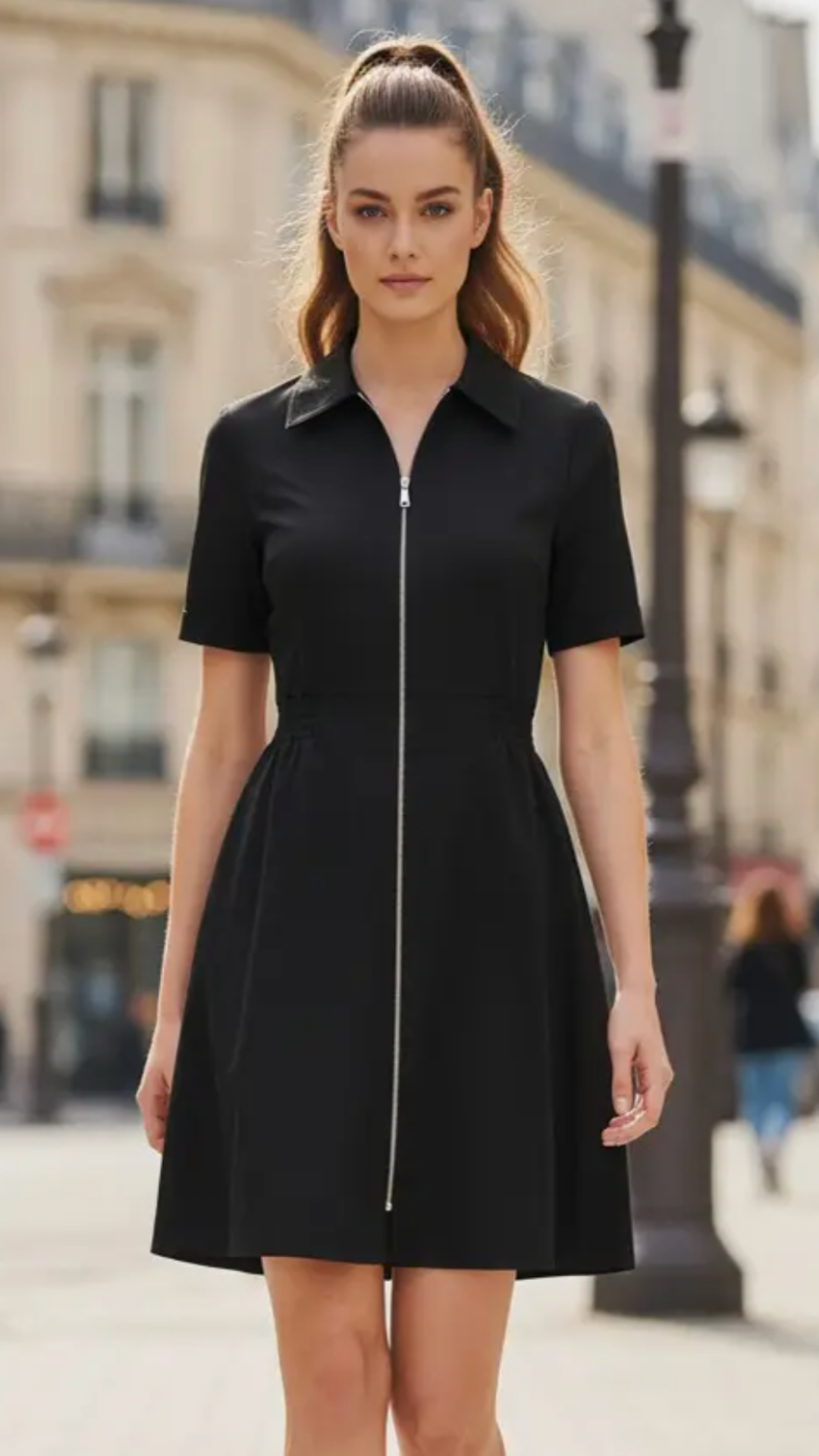 Black Short Sleeve Zip Up Dress