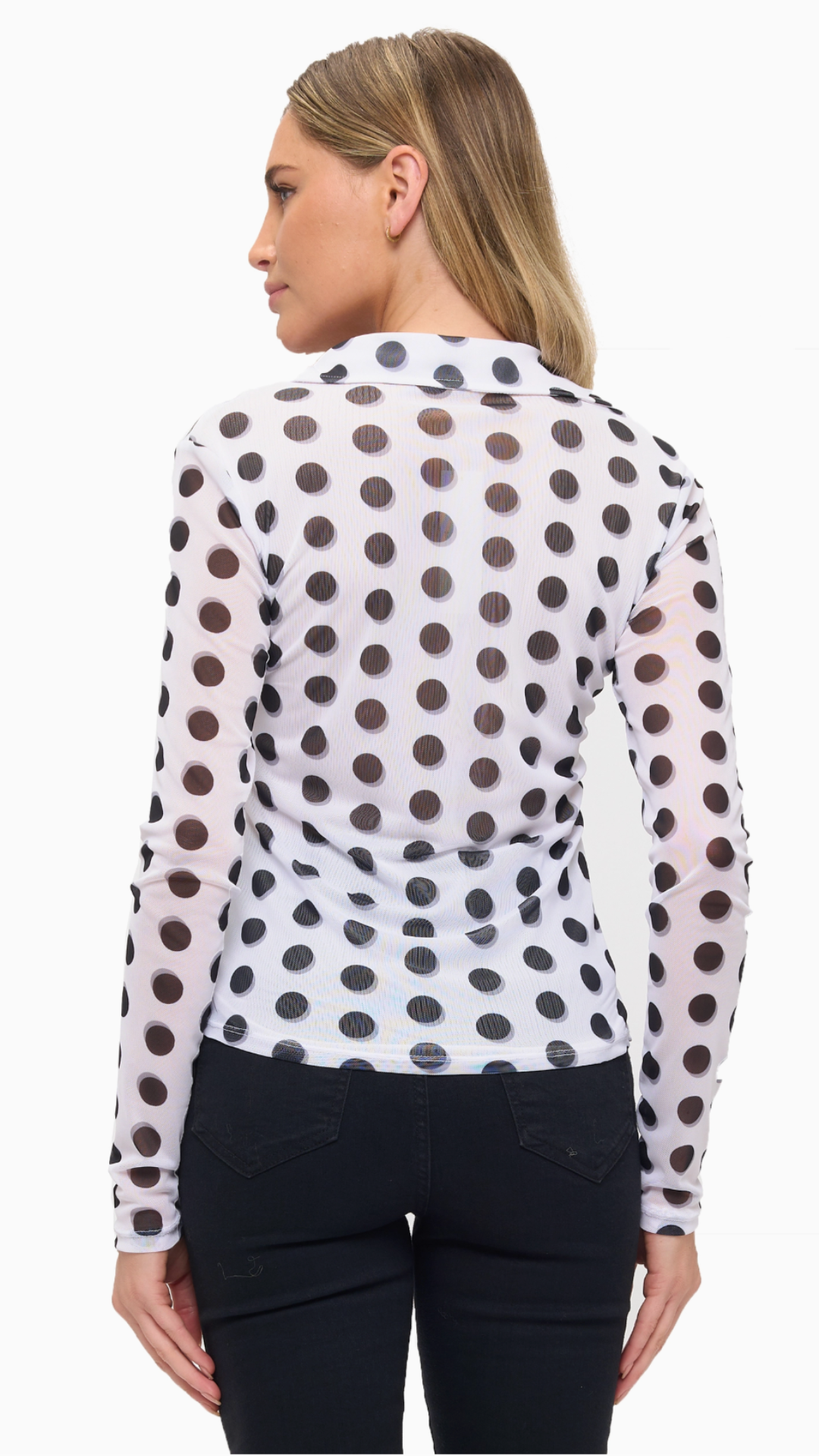 White With Black Polka Dot Collared Mesh Top