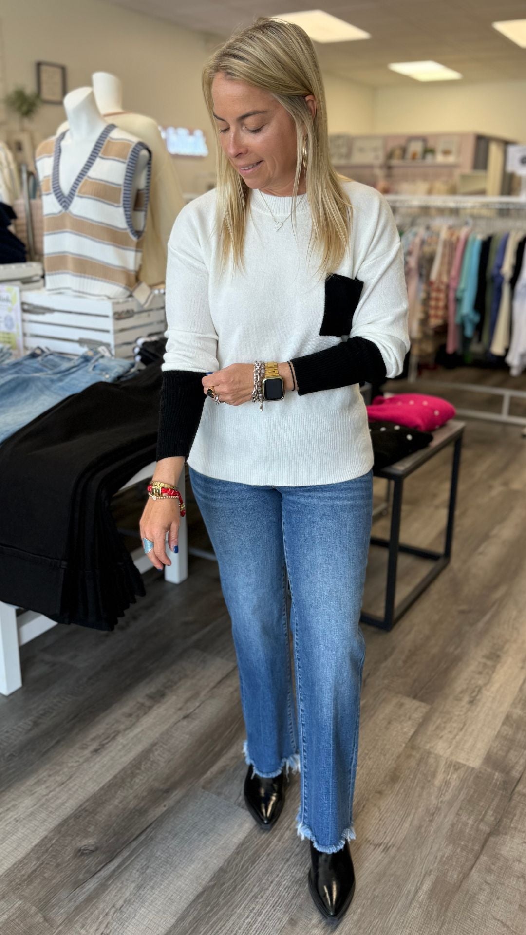 Ecru Crew Neck Sweater With Contrast Details