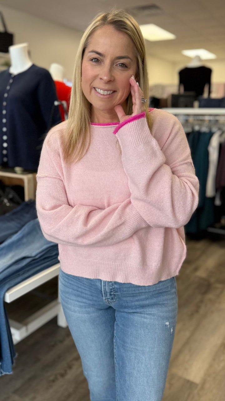 Light Pink Pullover Sweater With Dark Pink Trim