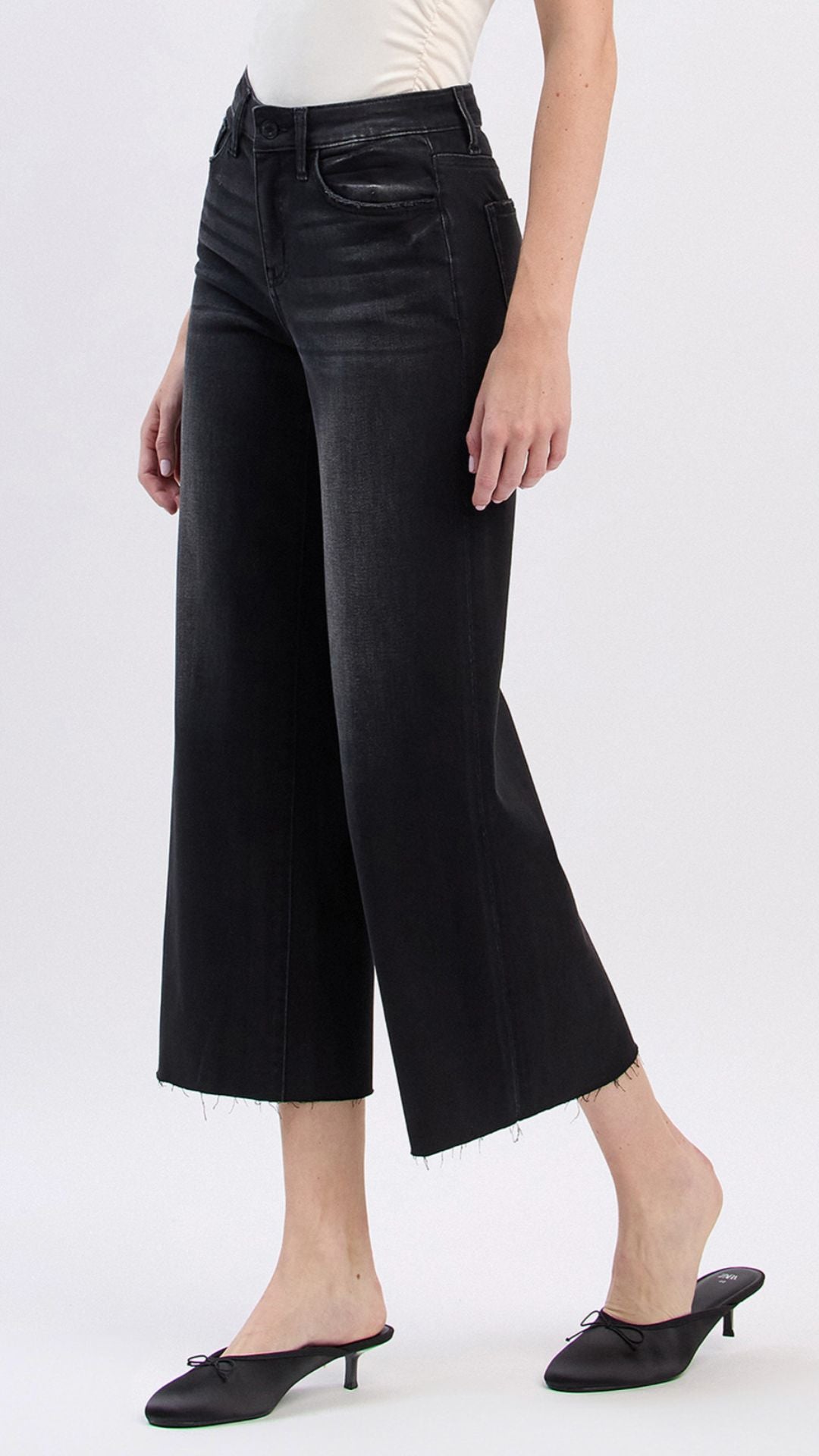 High Rise Black Raw Hem Soft Slim Wide Leg Jeans