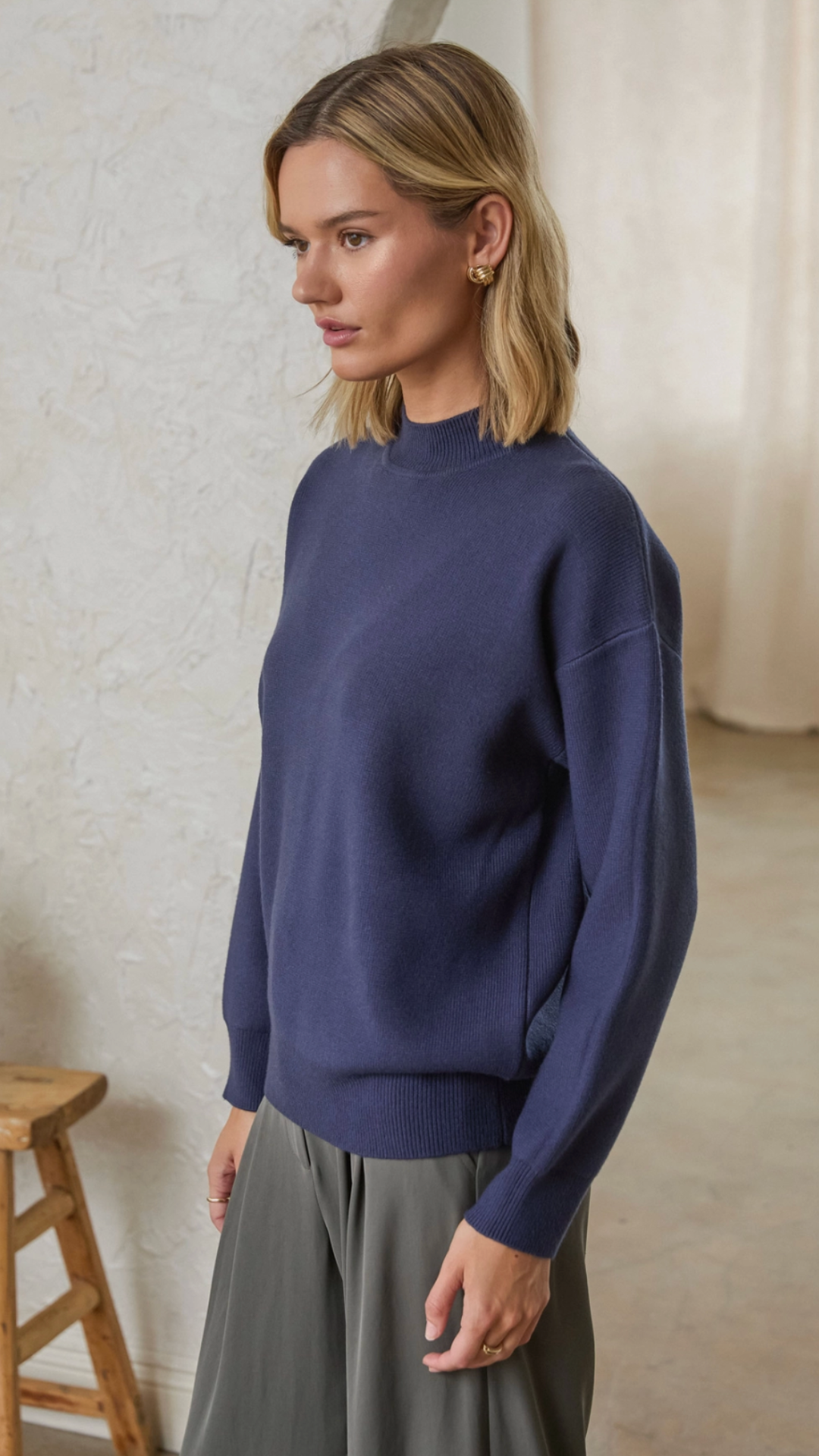 Navy Mock Neck Knit Sweater