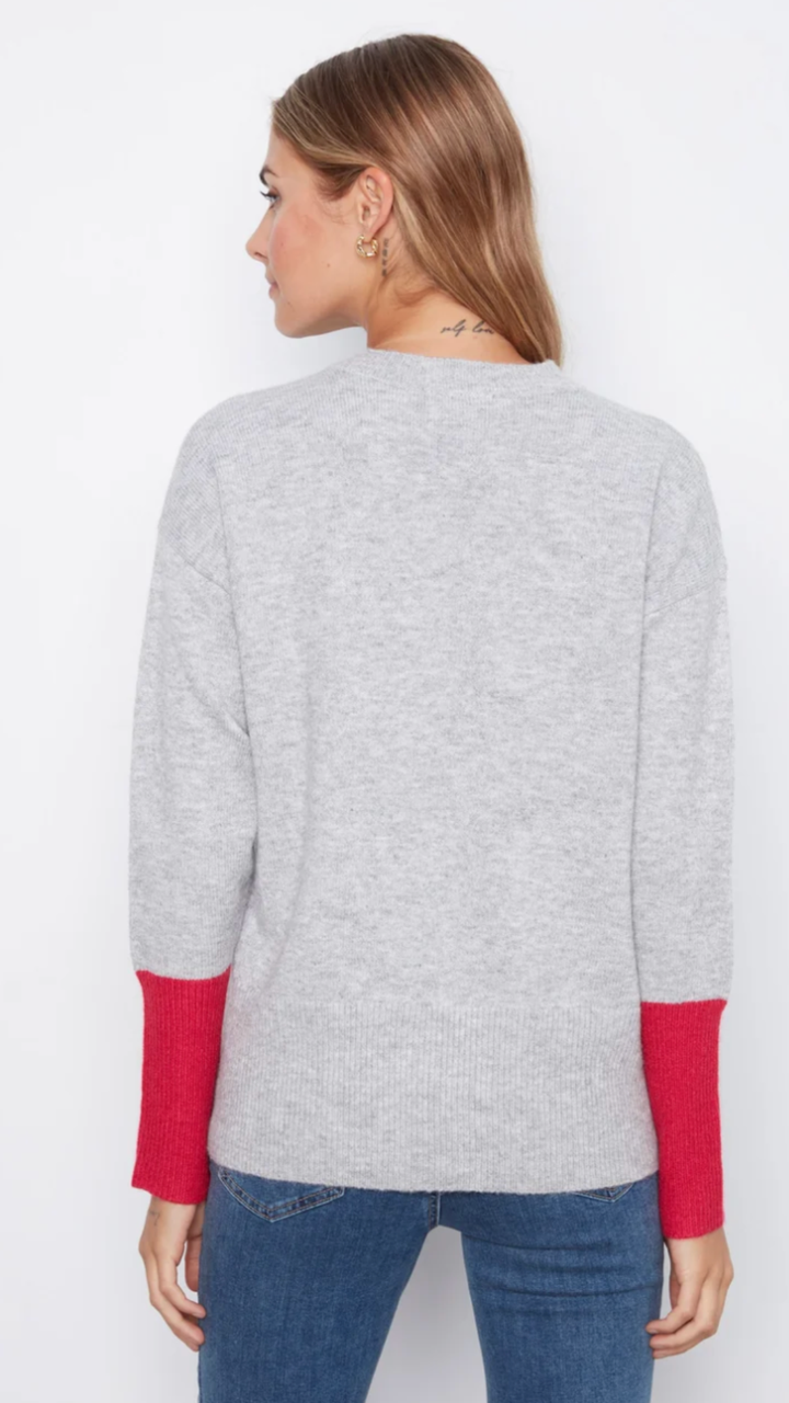 Grey Crew Neck Sweater With Red Contrast Details