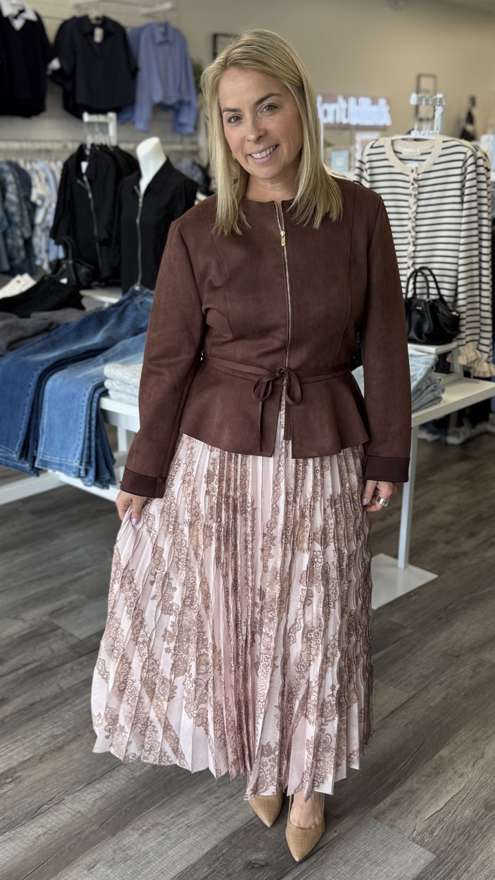 Brown Suede Zipper Jacket With Tie Waist