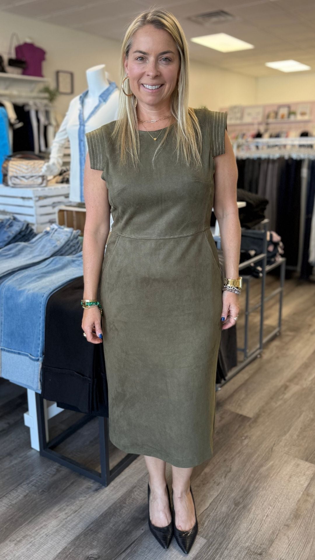 Olive Sleeveless Suede Dress