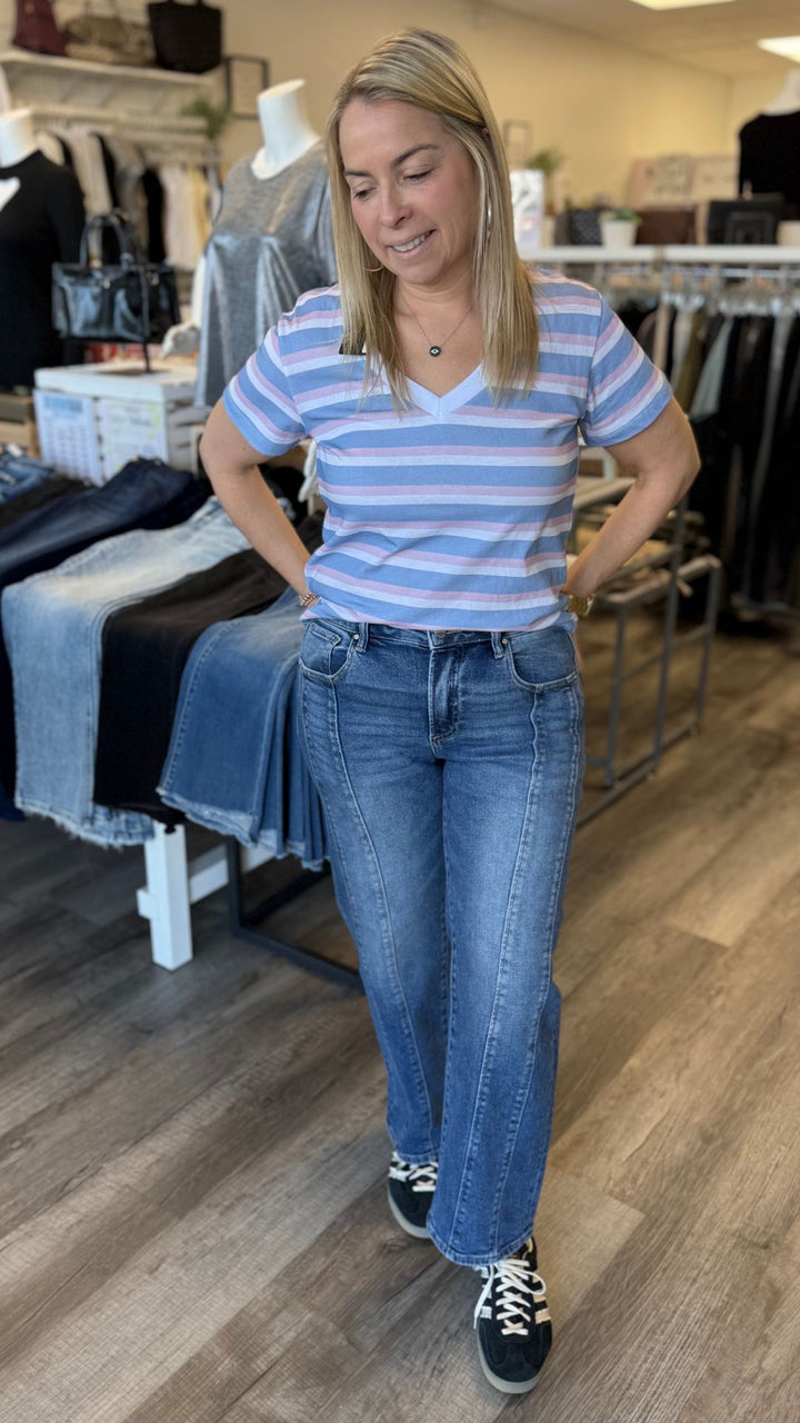 High Rise Medium Wash Seam Detail Crop Straight Jeans