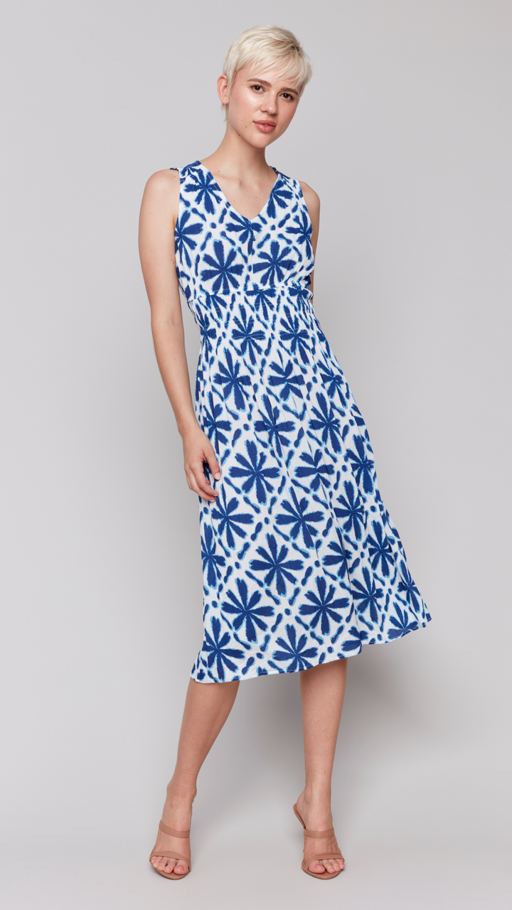 Printed Sleeveless Dress With Ruching At Empire Waist