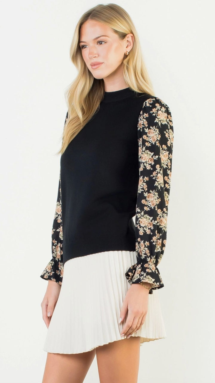 Black Floral Sleeve Detail Top