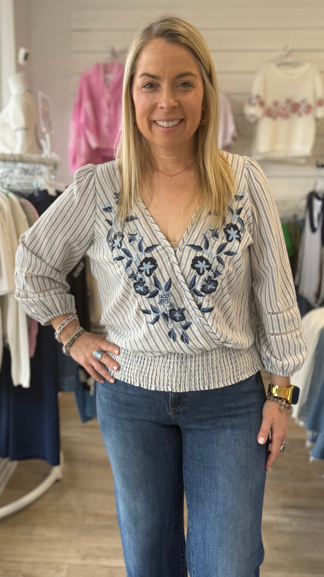 Embroidered Smocked Waist Stripe Surplice Top