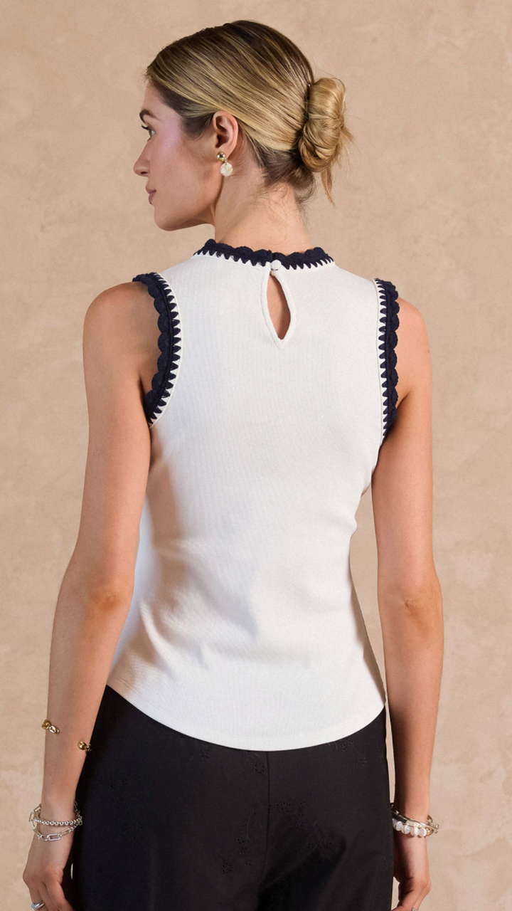 Navy Crochet Trim White Tank